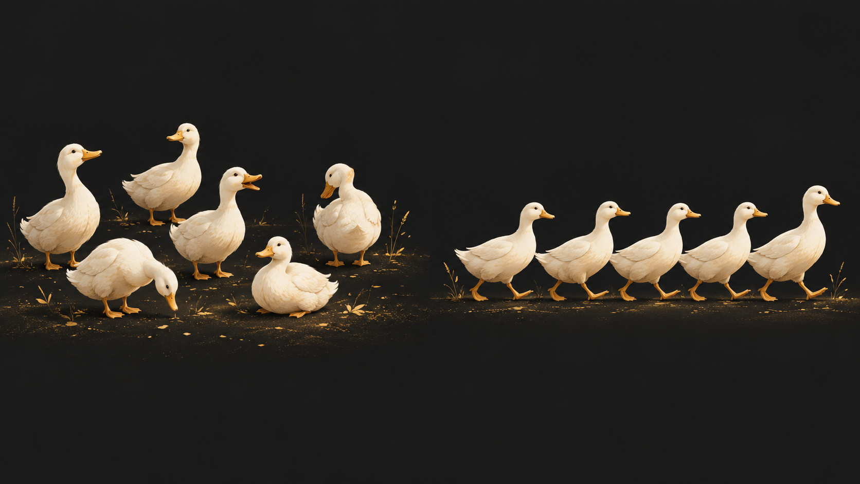 Ducks scattered on the left come together in an orderly line on the right